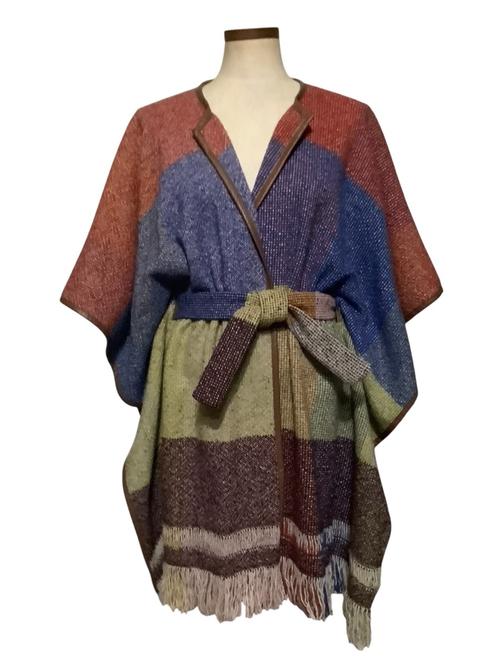 Anthropologie Nomad Morgan Carper Colorpane Belted Poncho M/L Boho Cabincore